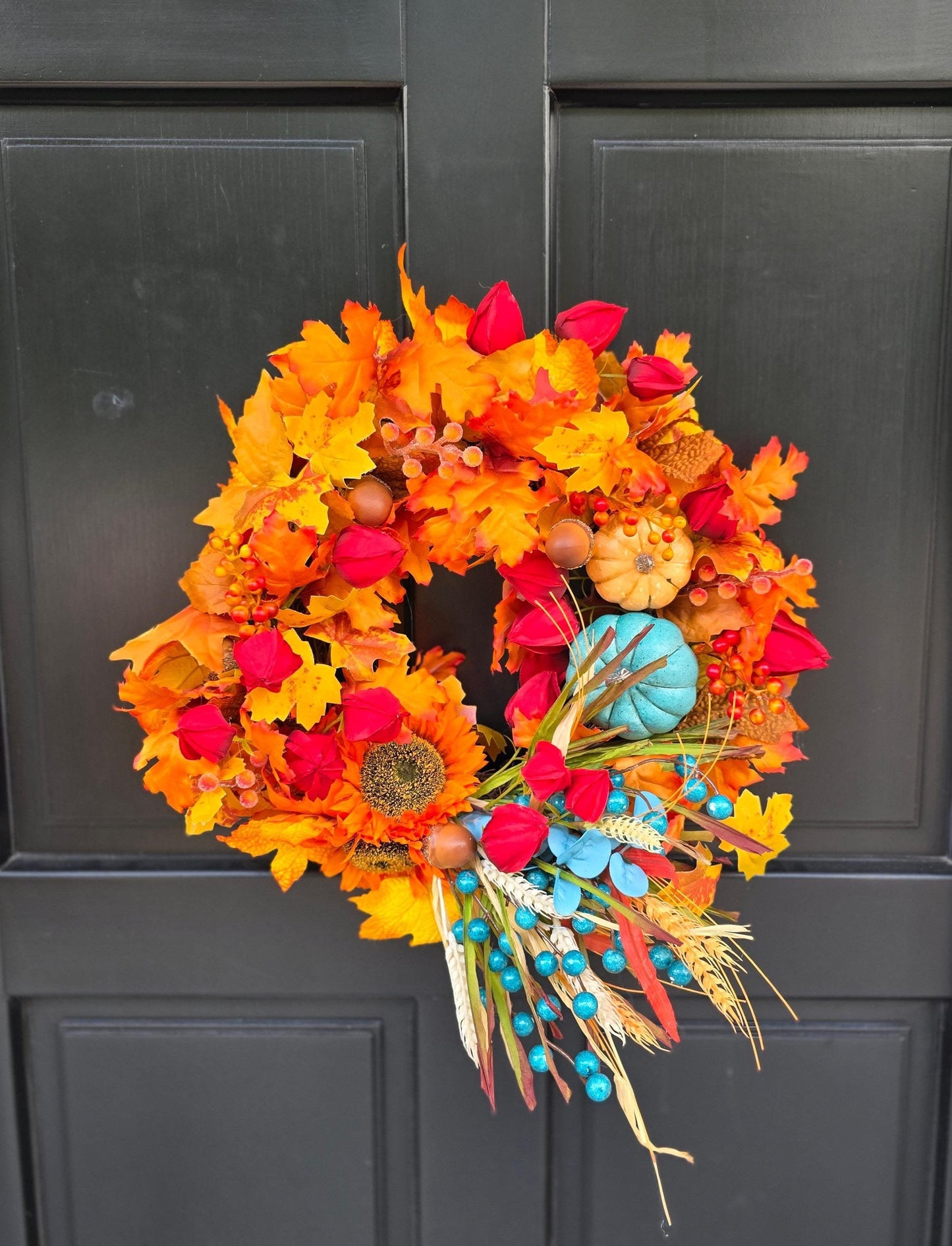 Teal Pumpkin Autumn Wreath | Colourful Harvest Grapevine Front Door Wreath | 40cm (16")