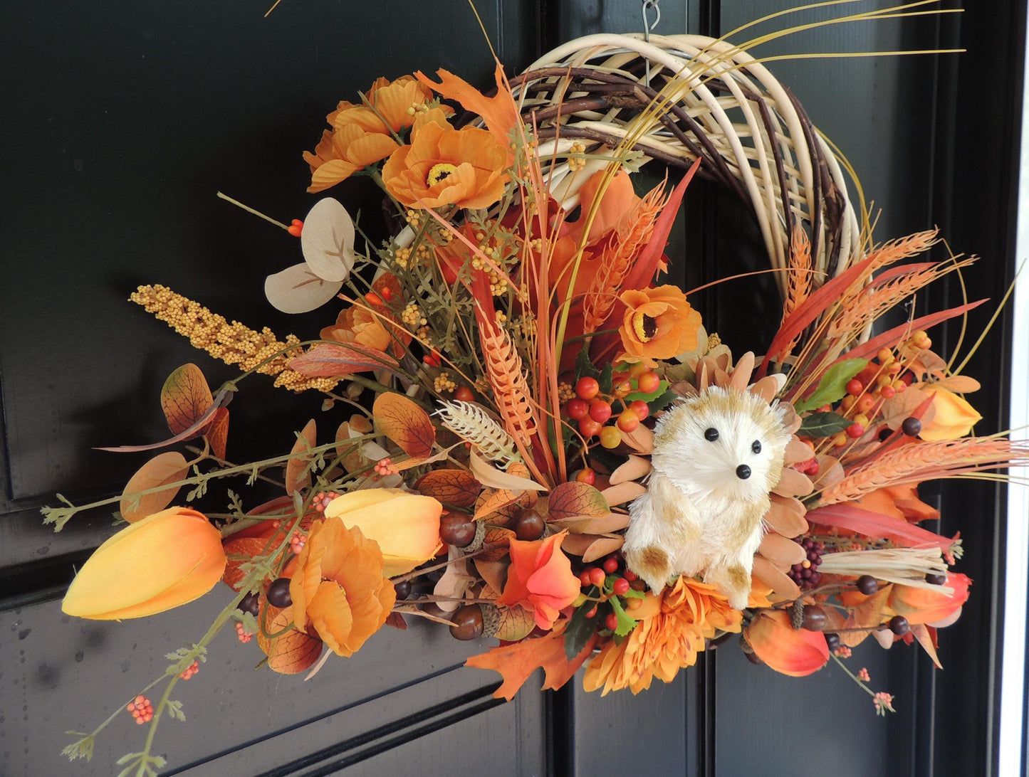 Orange Autumn Pumpkin Door Wreath, Green Fall Swag, Luxury Autumn Front Door Decor,Thanksgiving Wreath, Glam Fall Door Hanger,Harvest Wreath