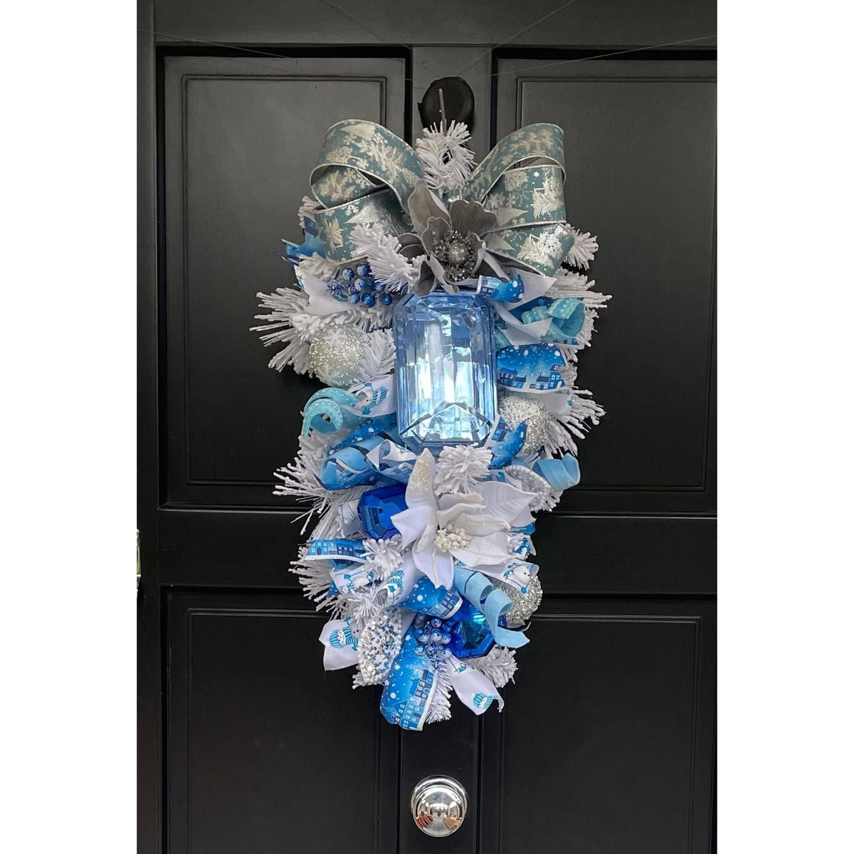 XL Ice Blue Snow Flocked  Luxury Teardrop Christmas Front Door Wreath White Home Decoration Xmas Winter Mantle Decor Holiday Advent Swag