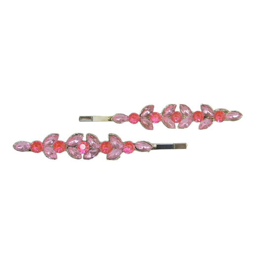Womens Silver Tone Sparkly Bow Rhinestone Stones Jeweled Crystal Diamante Party Birthday Christmas Bridal Wedding Slides Hairpin Hair Clips Grips Bobby Pins Set of 2 Flower Floral Pink