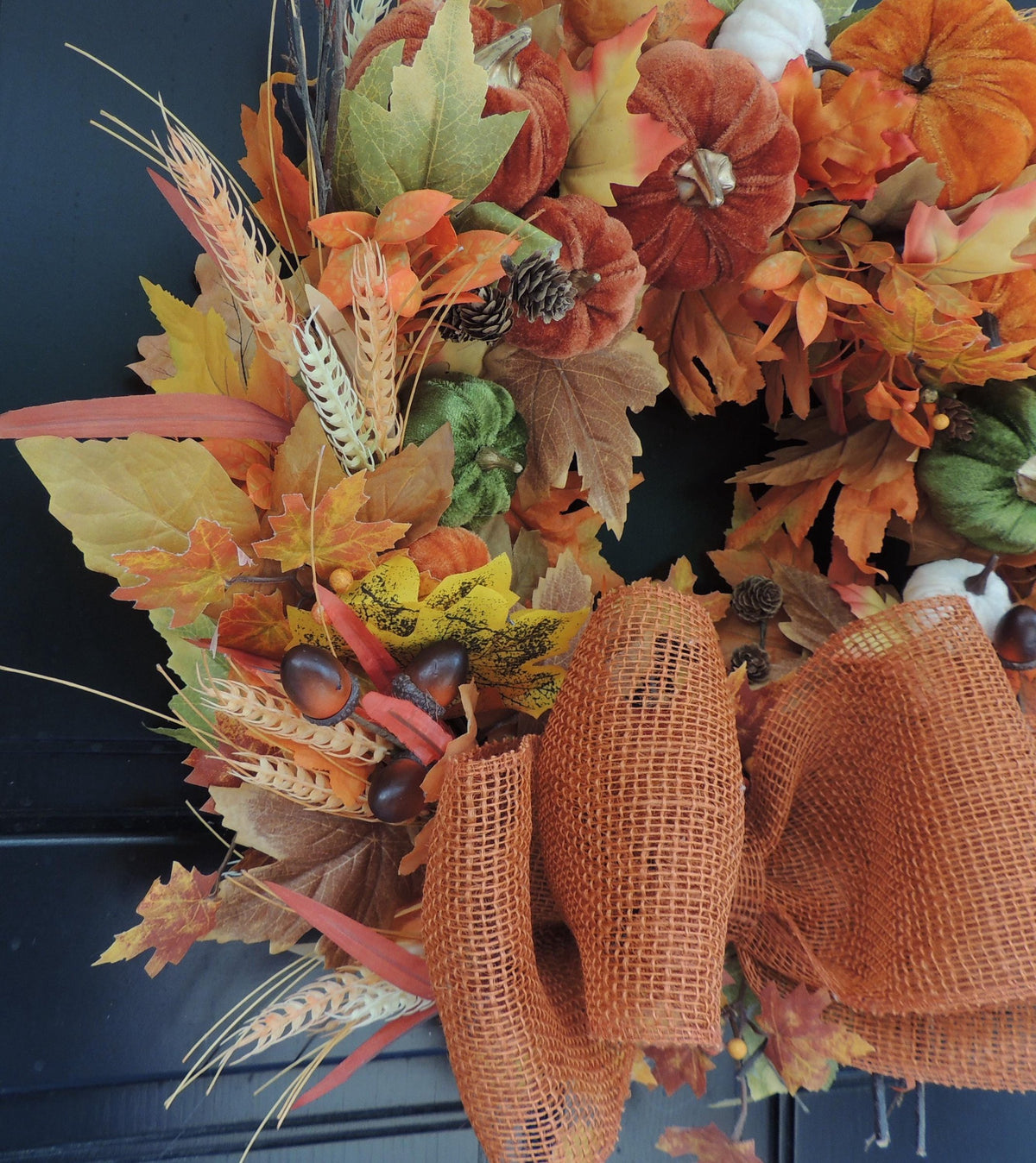 Large Velvet Pumpkin Autumn Wreath, Rustic Harvest Front Door Decor, Burnt Orange Fall Decoration, Thanksgiving Decorating