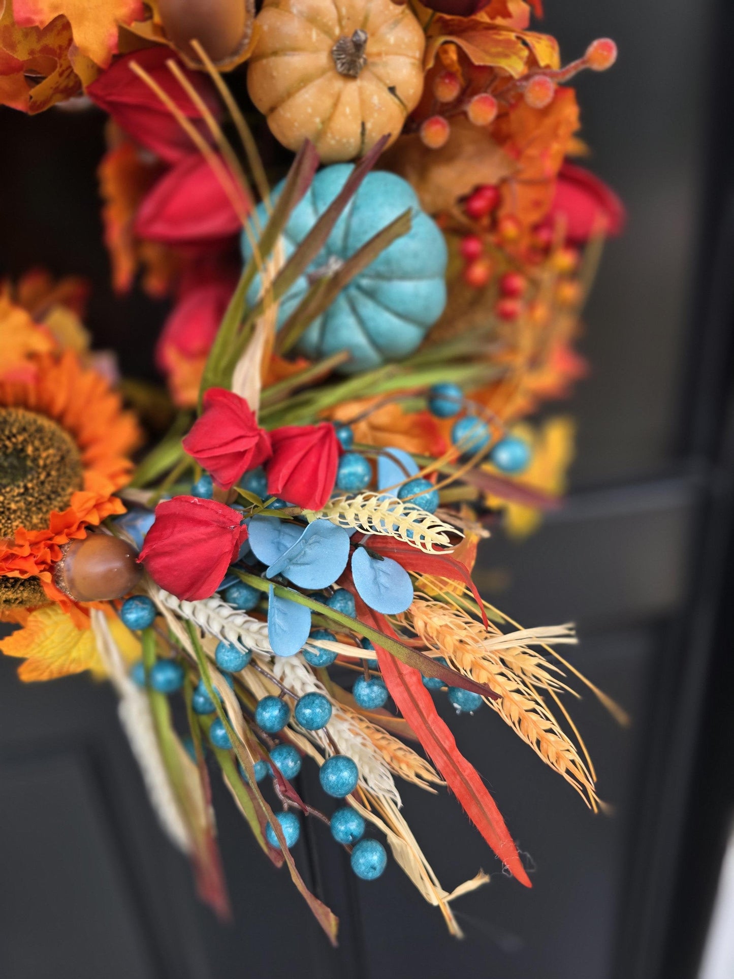Teal Pumpkin Autumn Wreath | Colourful Harvest Grapevine Front Door Wreath | 40cm (16")