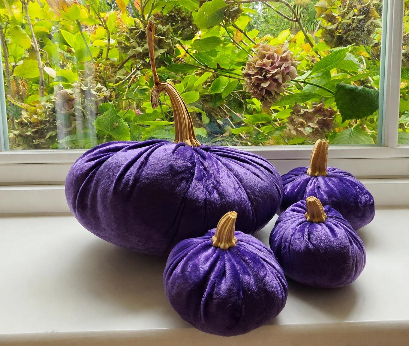 Purple Velvet Pumpkin Set of 4, Halloween Decorations, Autumn Fall Mantel Table Decor