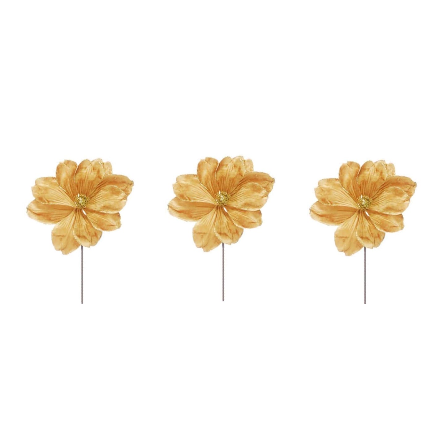 Glamour Girlz Set of 3 Gold Velvet Flower Christmas Tree Floral Pick Stem Ornament Xmas Decor Garland Wreath Decoration Accent Holiday Arrangement