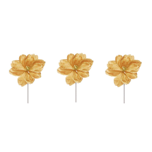 Glamour Girlz Set of 3 Gold Velvet Flower Christmas Tree Floral Pick Stem Ornament Xmas Decor Garland Wreath Decoration Accent Holiday Arrangement