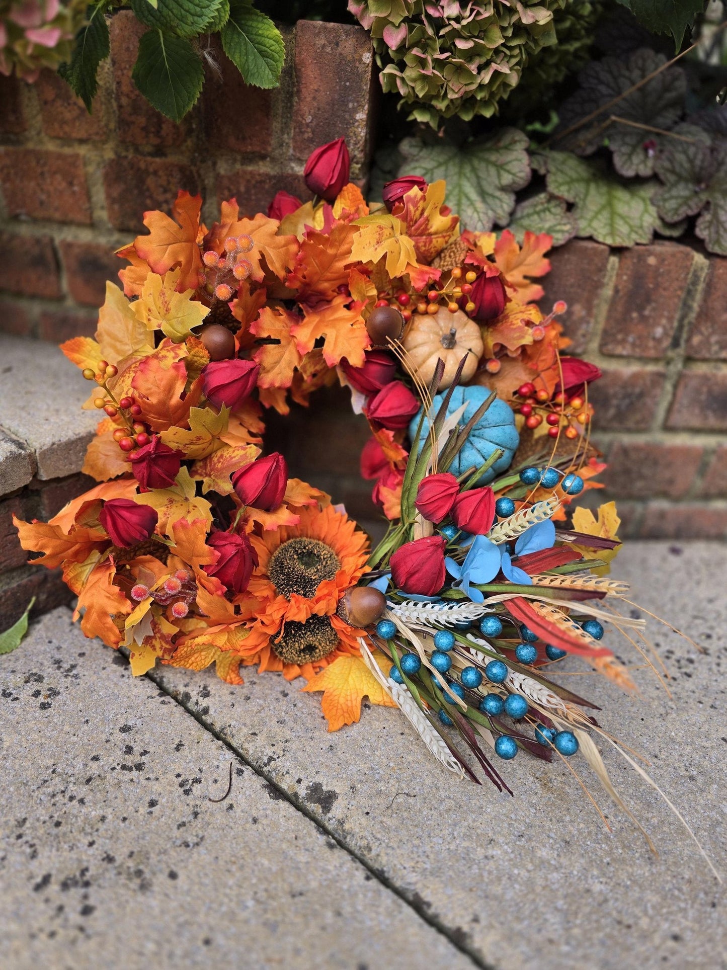 Teal Pumpkin Autumn Wreath | Colourful Harvest Grapevine Front Door Wreath | 40cm (16")