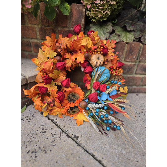 Teal Pumpkin Autumn Wreath | Colourful Harvest Grapevine Front Door Wreath | 40cm (16")