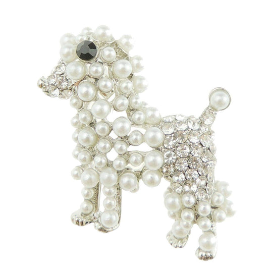 Men Women Vintage Look Bridal Wedding Dress Christmas Birthday Saree Scarf Lapel Diamante Diamonte Bling Crystal Rhinestone Brooch Badge Breastpin Corsage Gift Silver Tone Dog Poodle Puppy Faux Pearl
