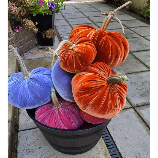 Set of 4 Silk Velvet Pumpkins – X-Small, Small, Medium & Large | 100% Wool Filled with Real Stems