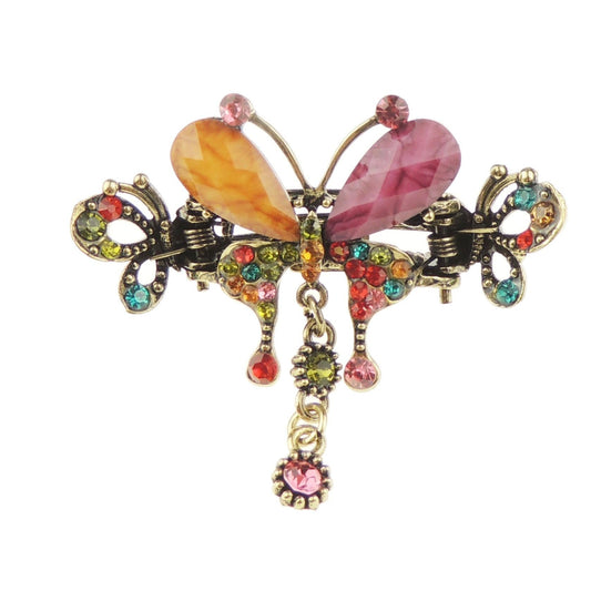 Women Girls Gold Metal Vintage Look Crystal Diamante Rhinestone Gems Bulldog Jaw Clip Octopus Short Small Fine Thin Hair Clamp Grip Bridal Wedding Party Styling Claw 6cm Butterfly Multicolour