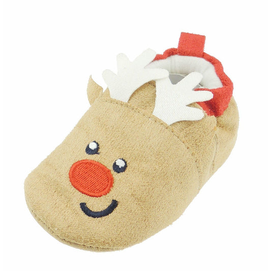 Glamour Girlz Baby Boys Unisex Girls Infant Newborn Babies Kids House Crib Pram Shoes Winter Fleece Warm Soft Sole Flats Slip On Party Booties Slippers Festive 1st First Christmas Brown Reindeer