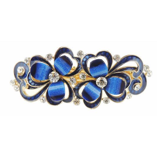 Ladies Enamel & Diamante Evening Occasion Stencil Hair Barrette Clip Two Flowers Blue