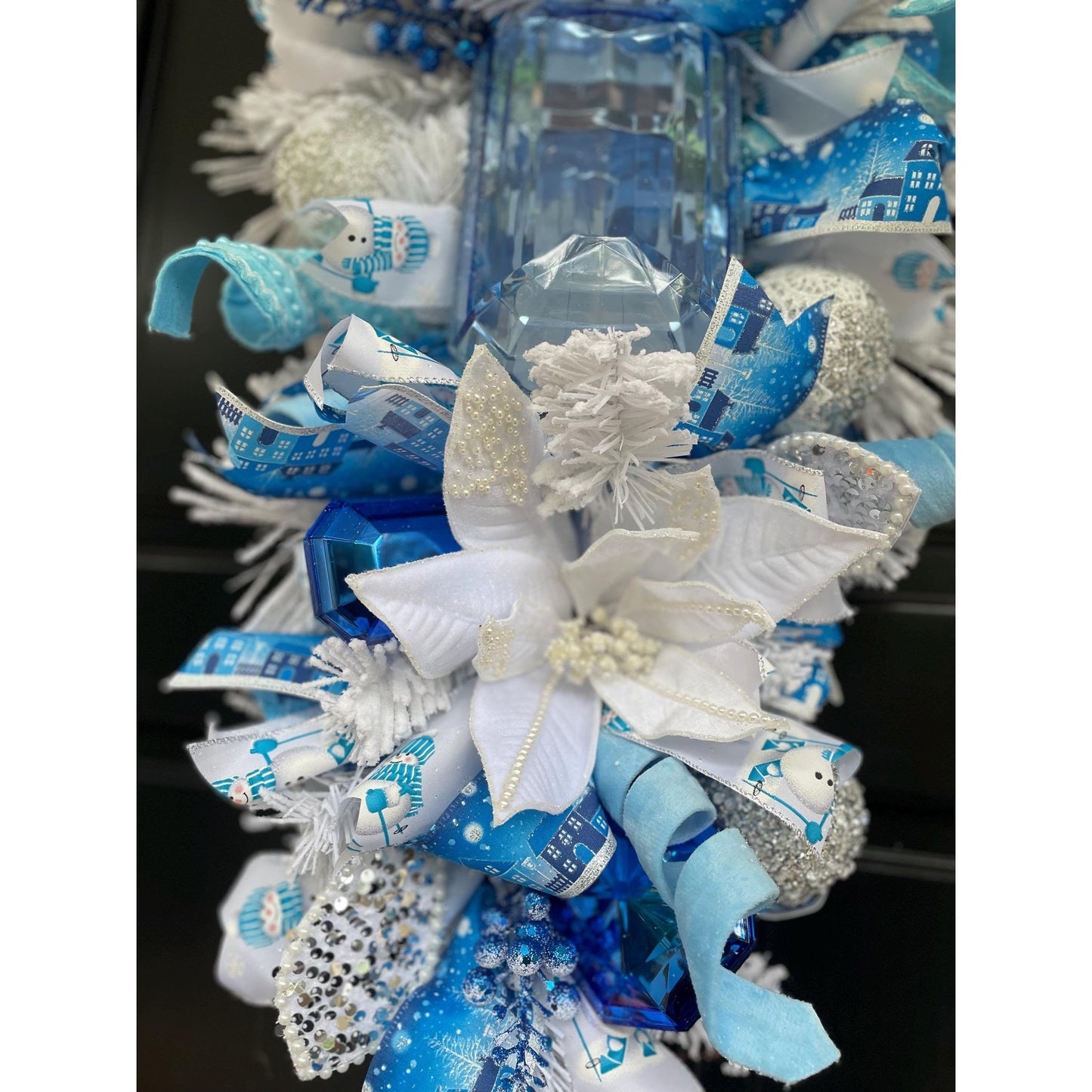 XL Ice Blue Snow Flocked  Luxury Teardrop Christmas Front Door Wreath White Home Decoration Xmas Winter Mantle Decor Holiday Advent Swag