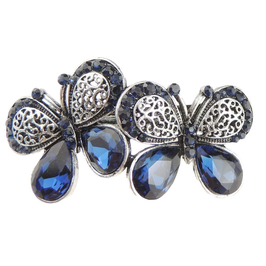 Ladies Vintage Look Dark Silver Tone Metal 6cm Hair Barrette Clip Butterfly Blue
