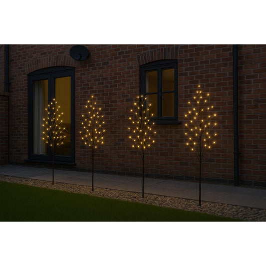 Set 4 Tall Lit Twig Tree Path Finders Warm White LEDs Outdoor Garden Christmas Fairy Lights