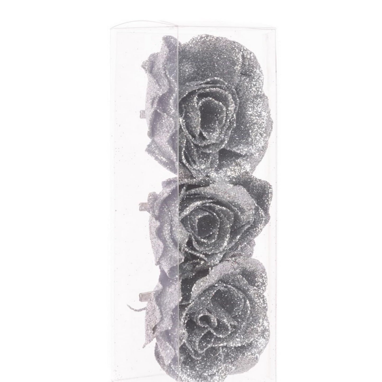 Set of 3 Sparkly Glitter Silver Rose Flower Clip Christmas Tree Floral Pick Ornament Xmas Decor Garland Wreath Decoration