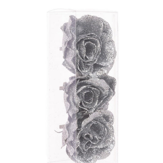 Set of 3 Sparkly Glitter Silver Rose Flower Clip Christmas Tree Floral Pick Ornament Xmas Decor Garland Wreath Decoration