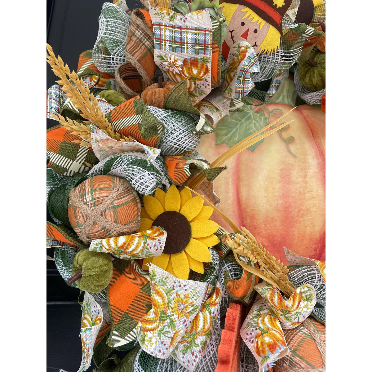 24" Large Autumn Pumpkin Wreath, Fall Harvest Front Door Wreath, Scarecrow Sunflower Thanksgiving Porch Decor, Farmhouse Autumn Decoration