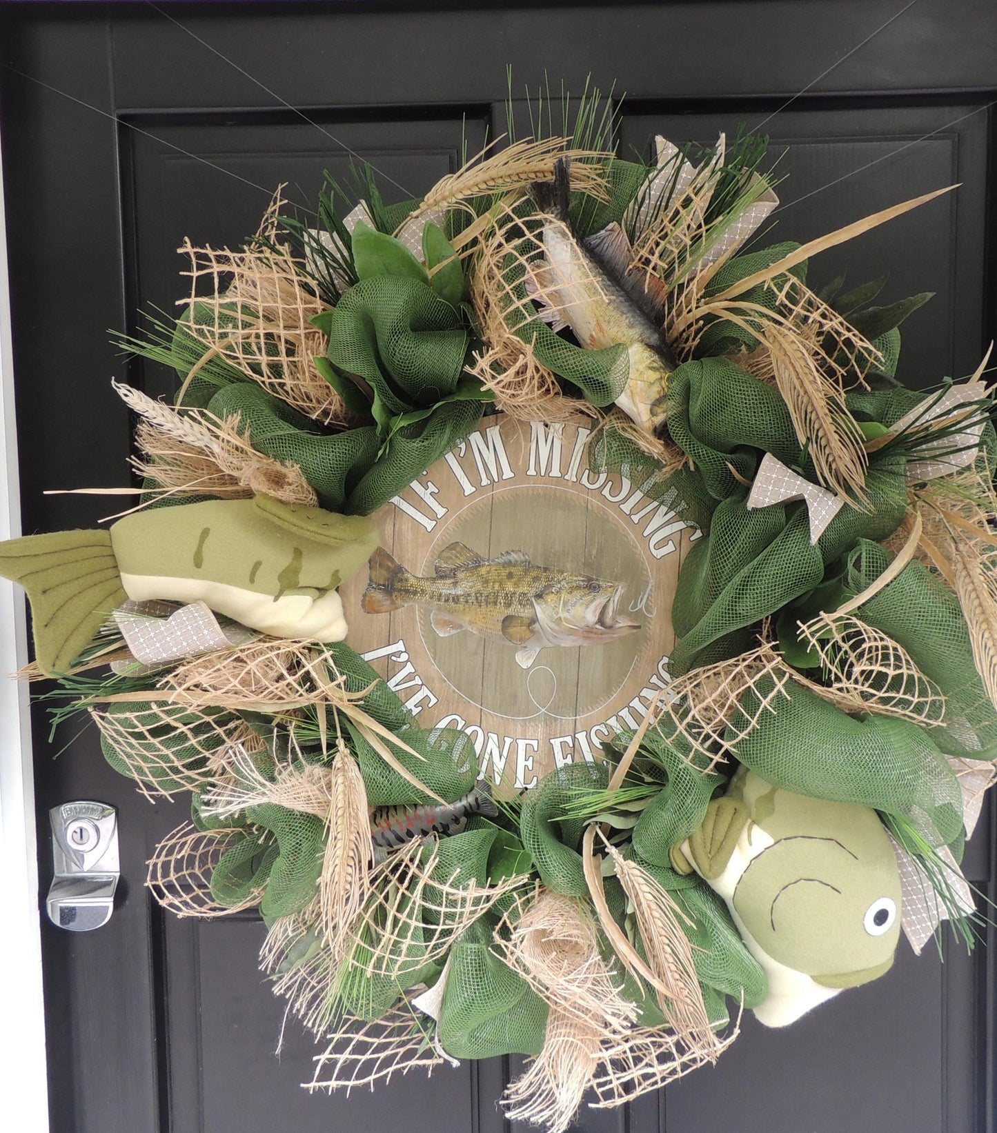 27" Oversized XL Green Fishing Wreath,Cabin Front Door Swag,Rustic Country Home Decor,Lake Beach House Decoration,Natural House Warming gift