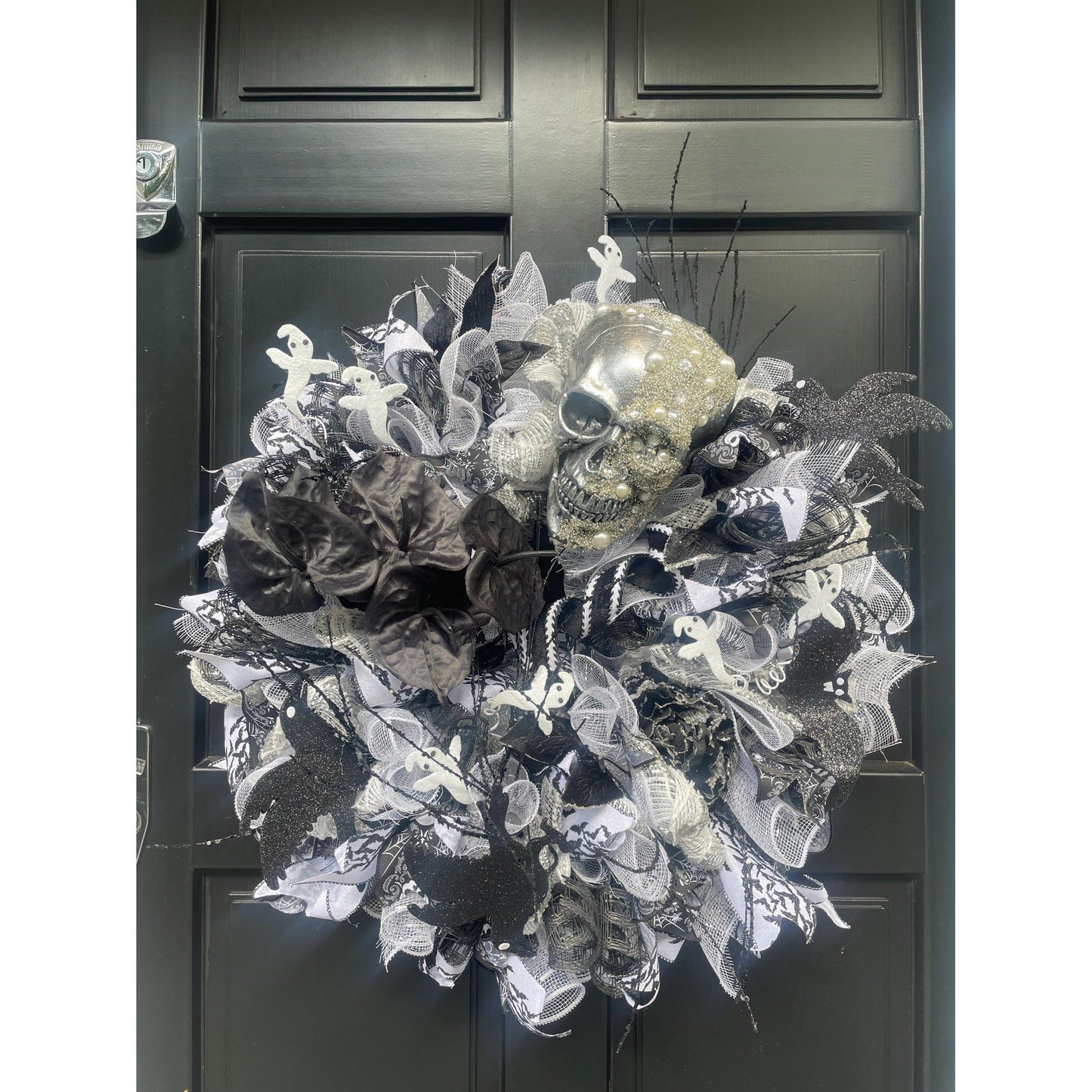 XL SKULL Halloween Front Door Wreath Gothic Hanger Wall Porch Hanger Handmade House Home Decor Decorations Whimsical Skelly Glam Luxury Fall