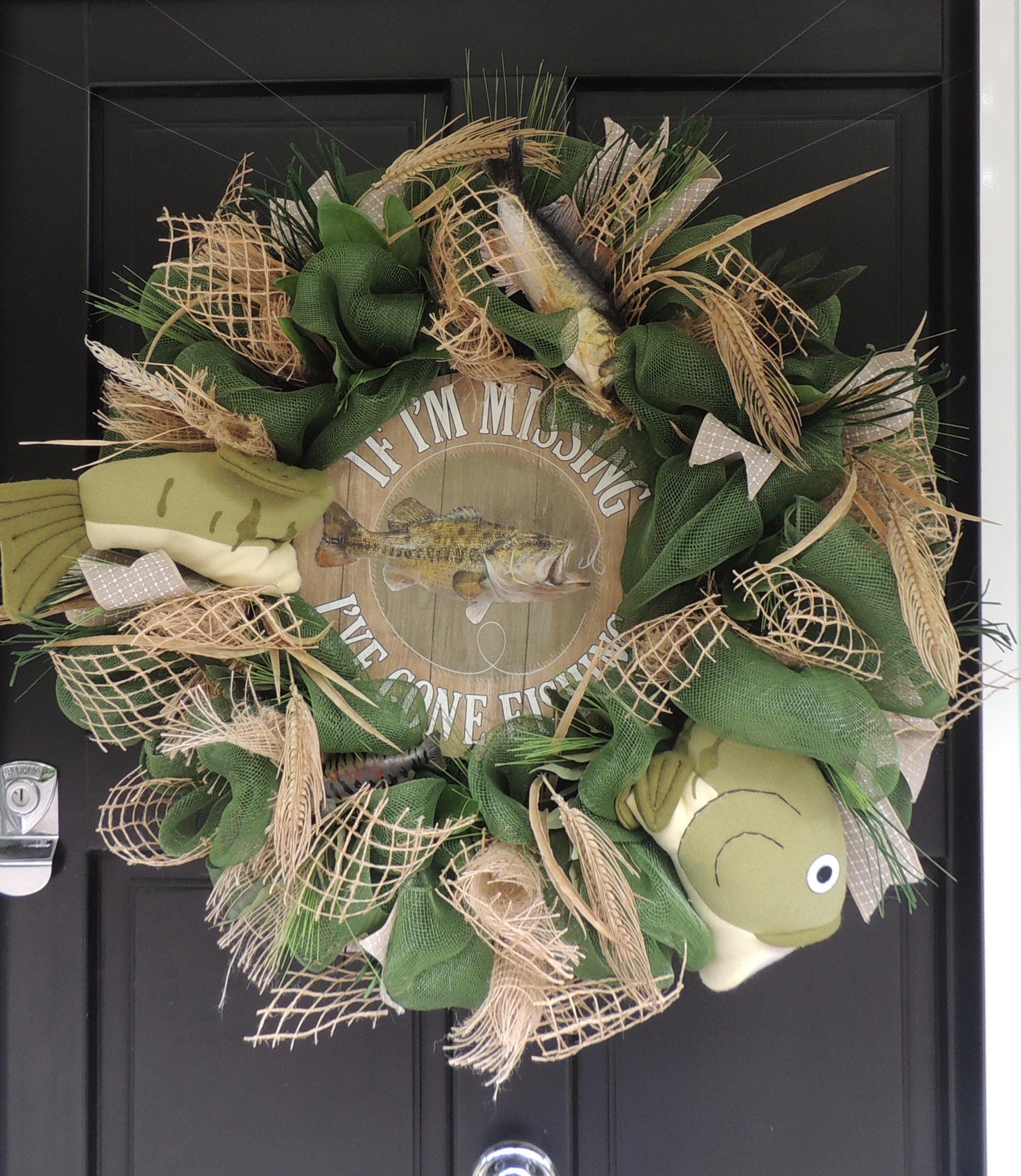 27" Oversized XL Green Fishing Wreath,Cabin Front Door Swag,Rustic Country Home Decor,Lake Beach House Decoration,Natural House Warming gift
