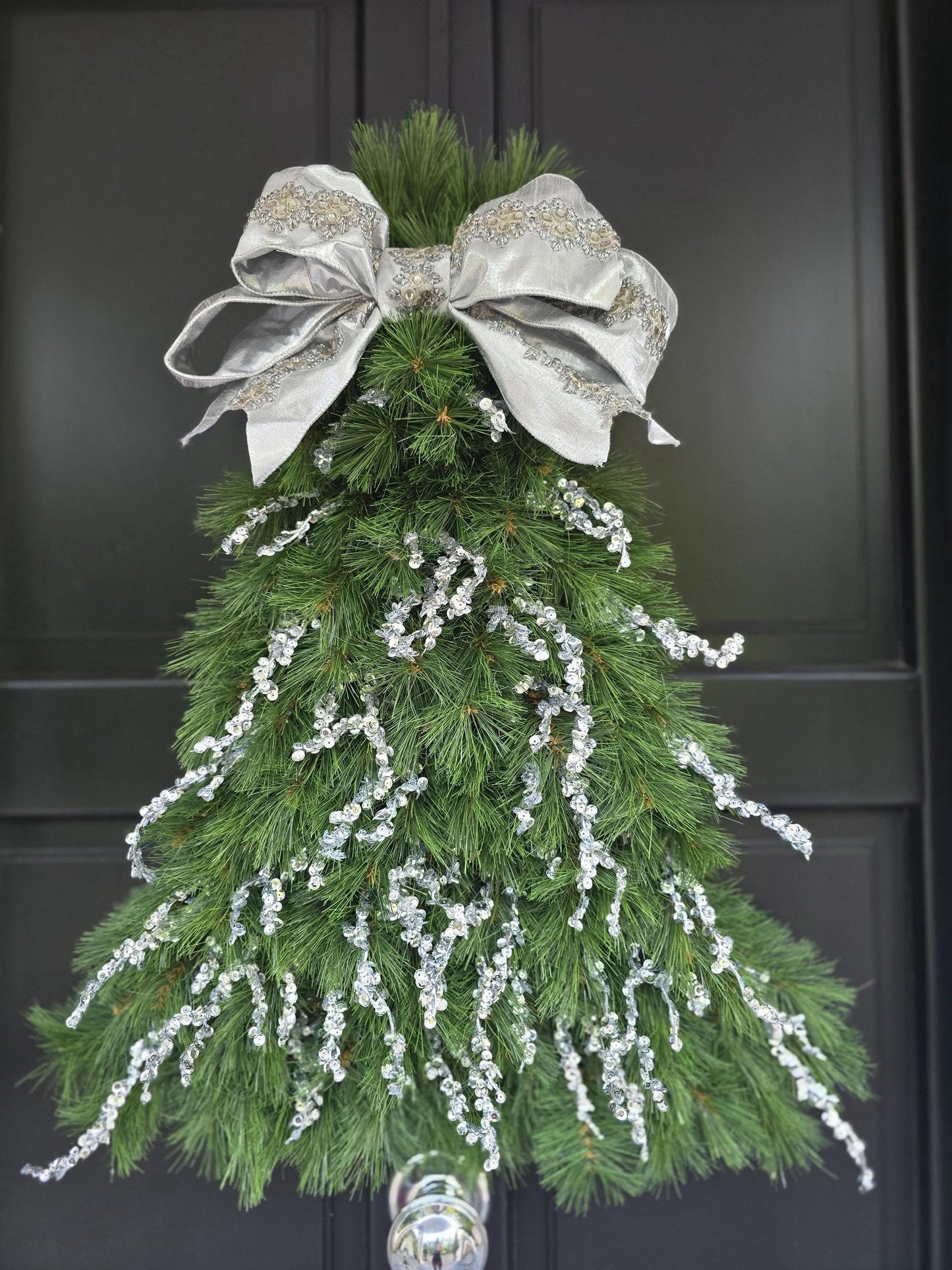 Luxury Christmas Tree Door Swag | Silver Green Christmas Tree Wall Hanging | Designer Front Door Decor | 50cm (20")