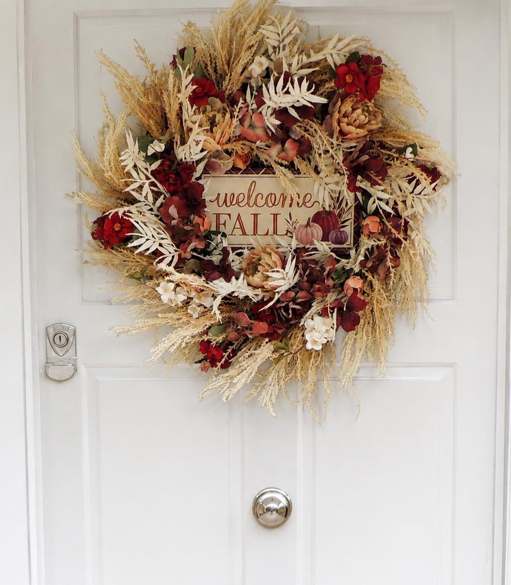 24" LARGE Welcome Fall Wreath, 60cm Autumn Front Door Wreath, Burgundy Cream Floral Harvest Wreath, Rustic Farmhouse Fall Door Decor