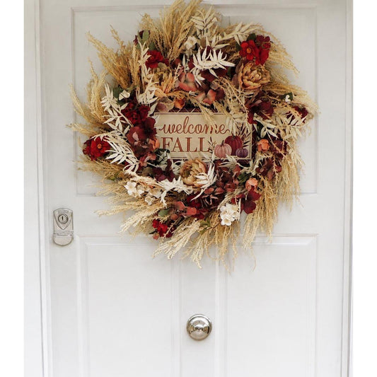 24" LARGE Welcome Fall Wreath, 60cm Autumn Front Door Wreath, Burgundy Cream Floral Harvest Wreath, Rustic Farmhouse Fall Door Decor