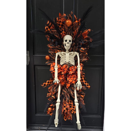 XXL Skeleton Orange Halloween Front Door Wreath Gothic Hanger Wall Porch Hanger Handmade House Home Decor Decorations Whimsical Skelly Glam