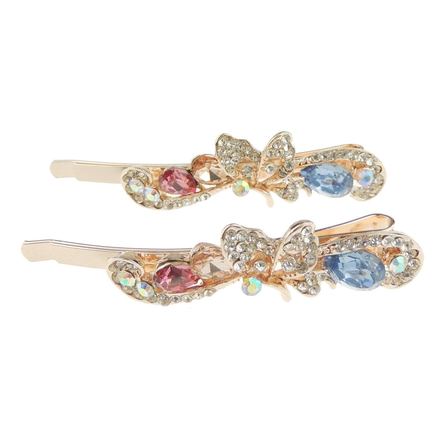 Ladies Girls Pair Of Sparkly Crystal 6cm Hair Grips Butterfly Swirly
