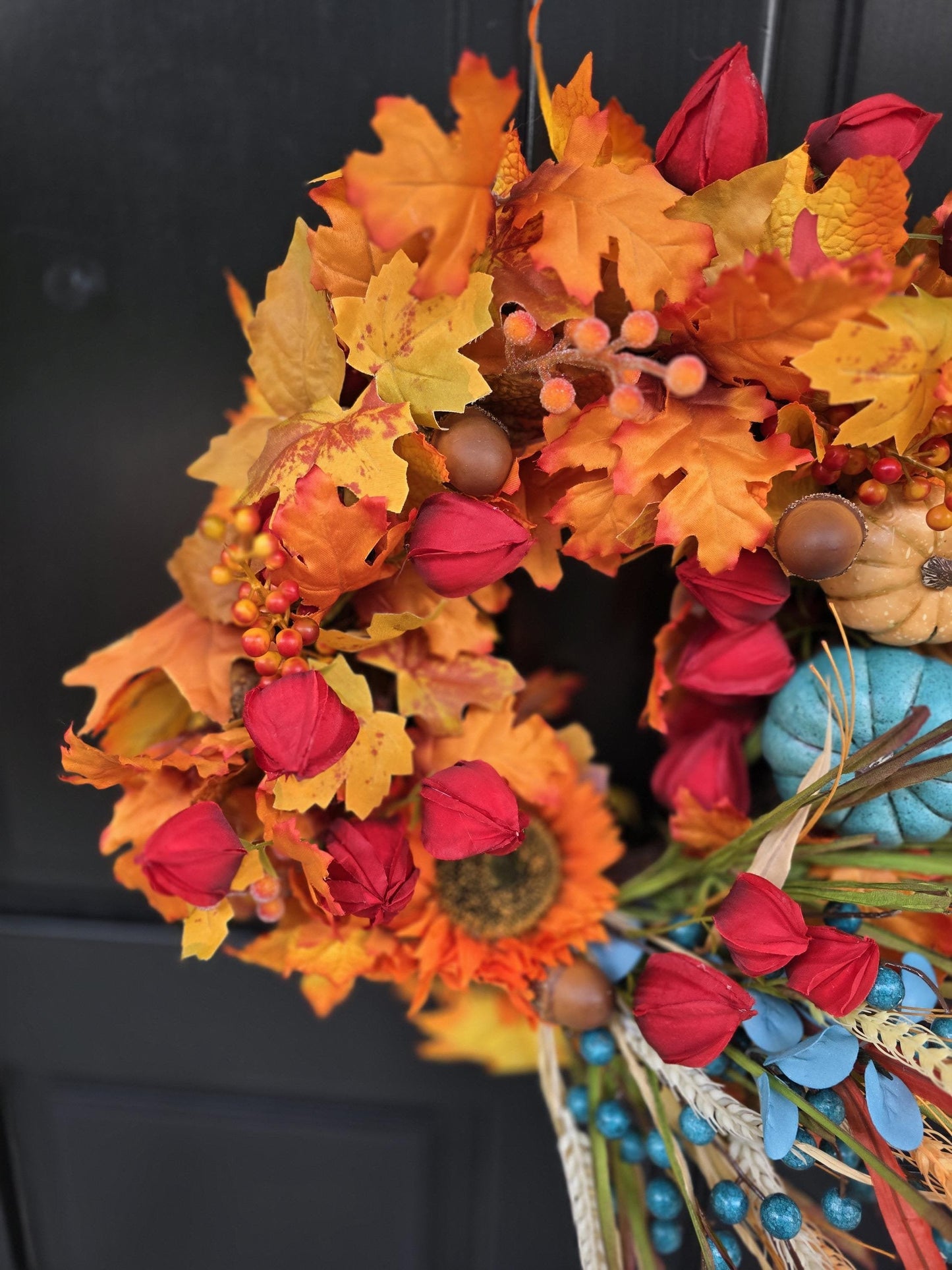 Teal Pumpkin Autumn Wreath | Colourful Harvest Grapevine Front Door Wreath | 40cm (16")