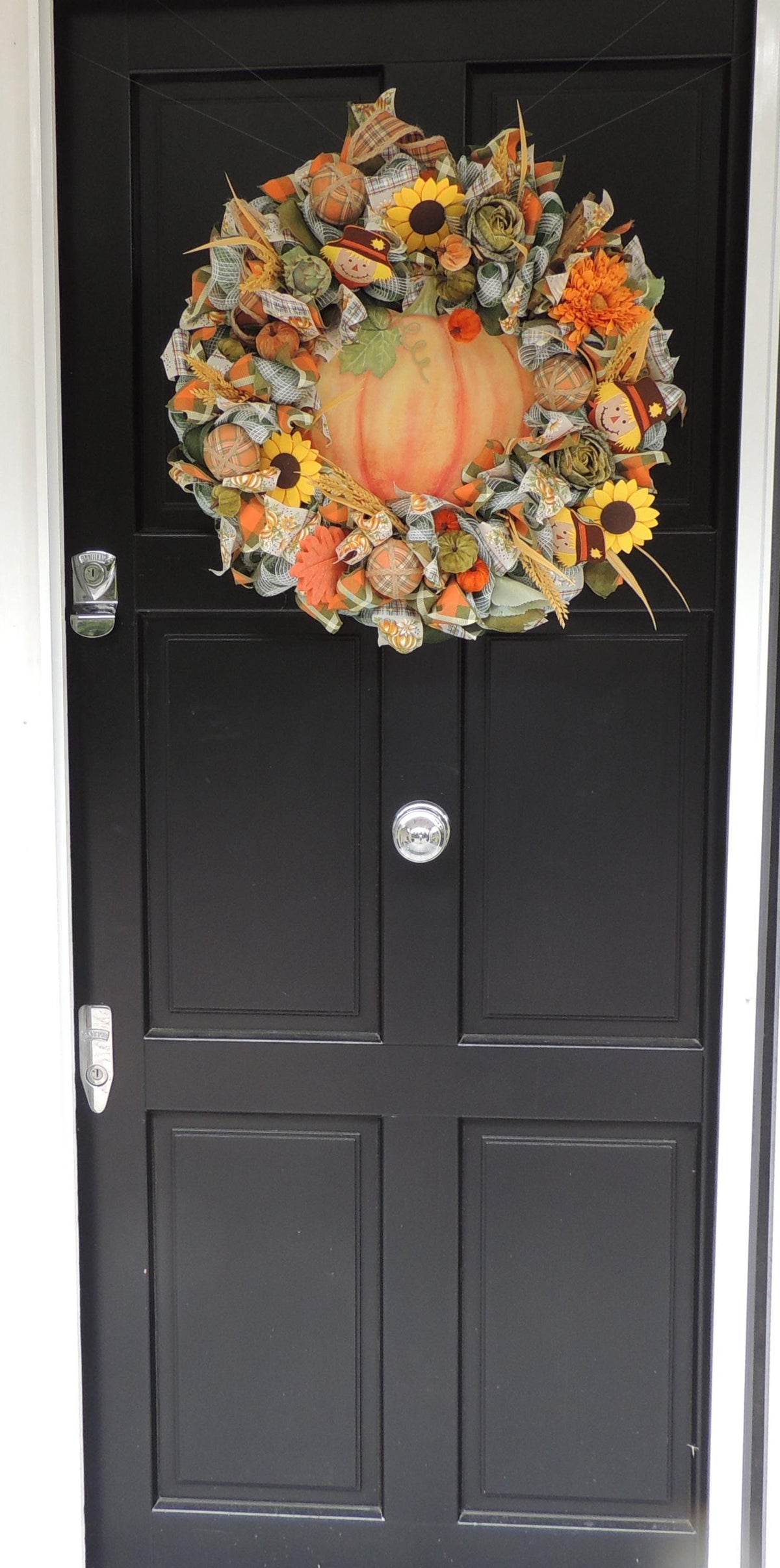 24" Large Autumn Pumpkin Wreath, Fall Harvest Front Door Wreath, Scarecrow Sunflower Thanksgiving Porch Decor, Farmhouse Autumn Decoration