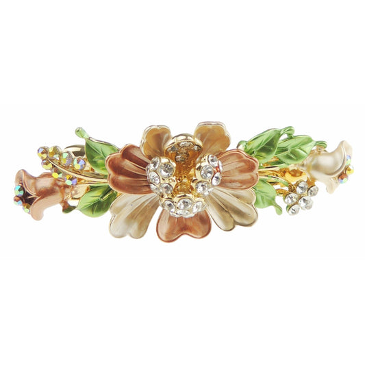 Womens Girls Crystal Rhinestone Diamante Wedding Birthday Party Evening Ponytail Fine Medium Hair Accessories Occasion Barrette Hairpin Grip 7cm French Spring Clip Floral Flower Enamel Beige