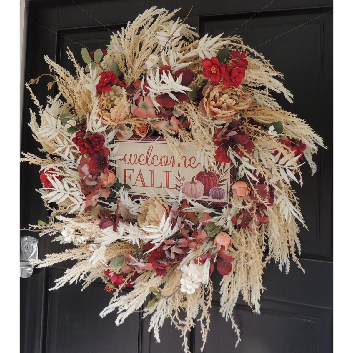 24" LARGE Welcome Fall Wreath, 60cm Autumn Front Door Wreath, Burgundy Cream Floral Harvest Wreath, Rustic Farmhouse Fall Door Decor