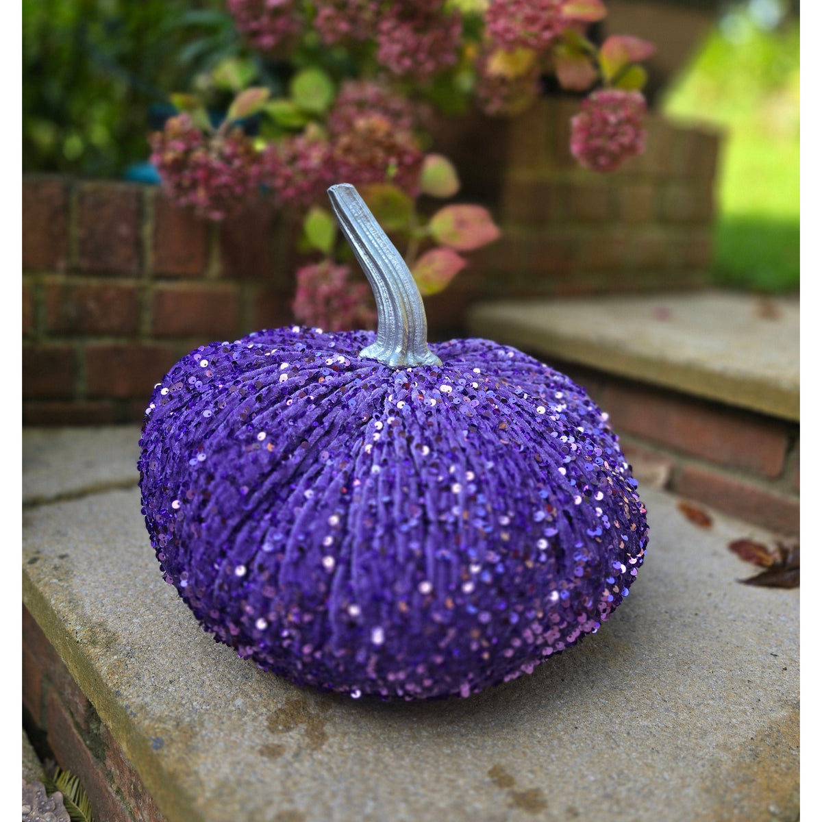 Extra Large Sparkly Velvet Sequin Pumpkin with Real Stem