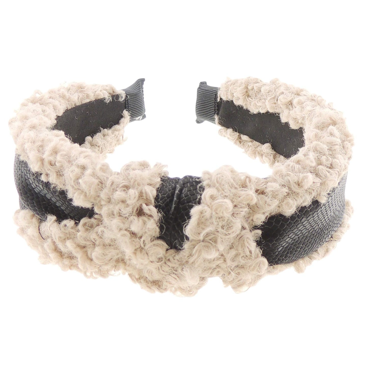 Ladies Soft Furry Fluffy Black Central Ribbon Trim Top Knot Headband Alice Band