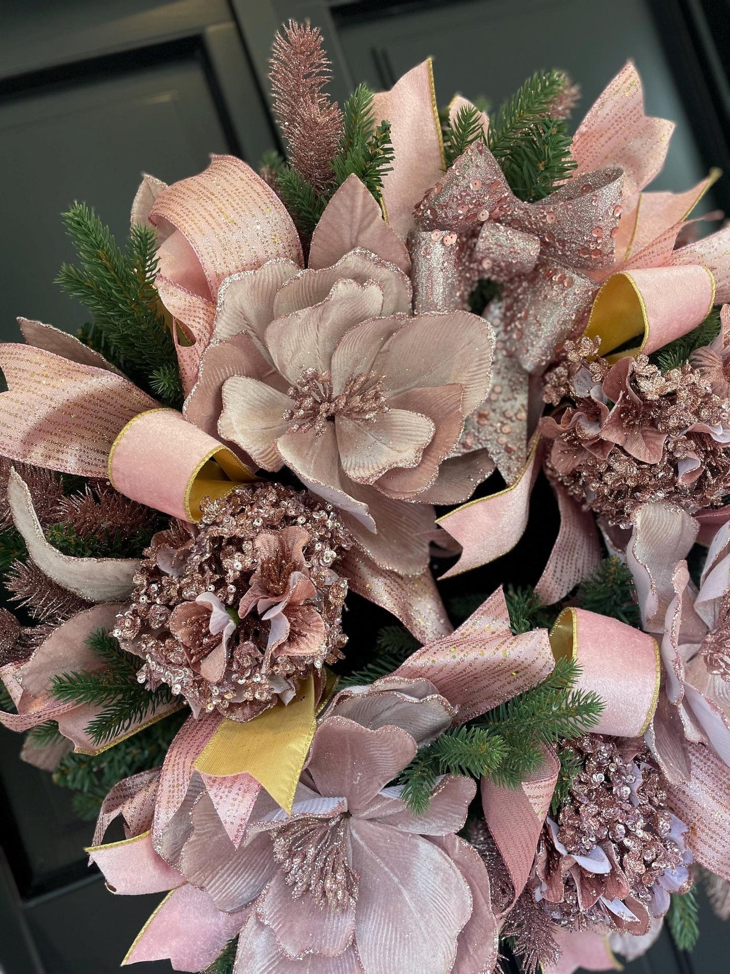 Luxury Blush Pink Christmas Wreath | Elegant Velvet Magnolia Front Door Wreath | 60cm (24")