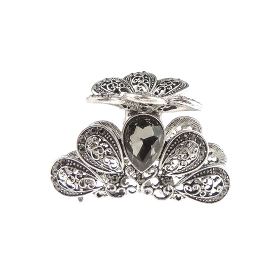 Womens Girls Vintage Look Crystal Diamante Bridal Wedding Party Bridesmaid Birthday Hair Accessories Bulldog Crab Octopus Styling Hair Claw Clamp Clip Small Silver Tone Metal (Grey)