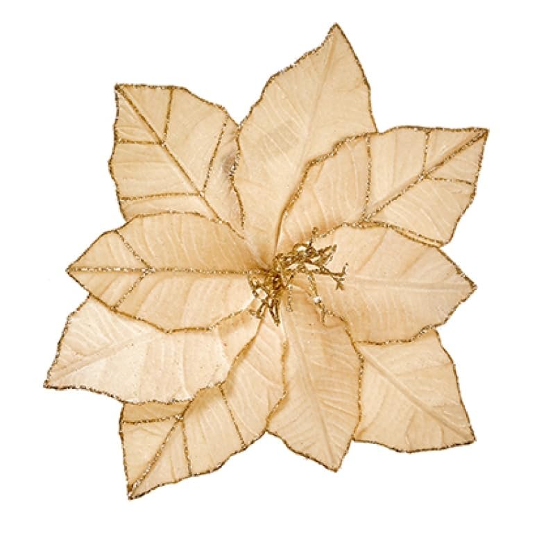 Glamour Girlz Set of 3 Large Beige Gold Velvet Glitter Flower Christmas Tree Floral Pick Stem Ornament Xmas Decor Garland Wreath Decoration Accent Holiday Arrangement