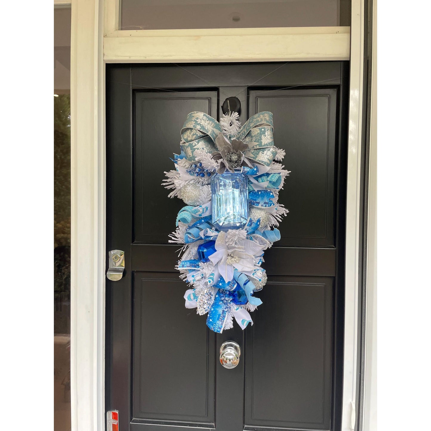 XL Ice Blue Snow Flocked  Luxury Teardrop Christmas Front Door Wreath White Home Decoration Xmas Winter Mantle Decor Holiday Advent Swag