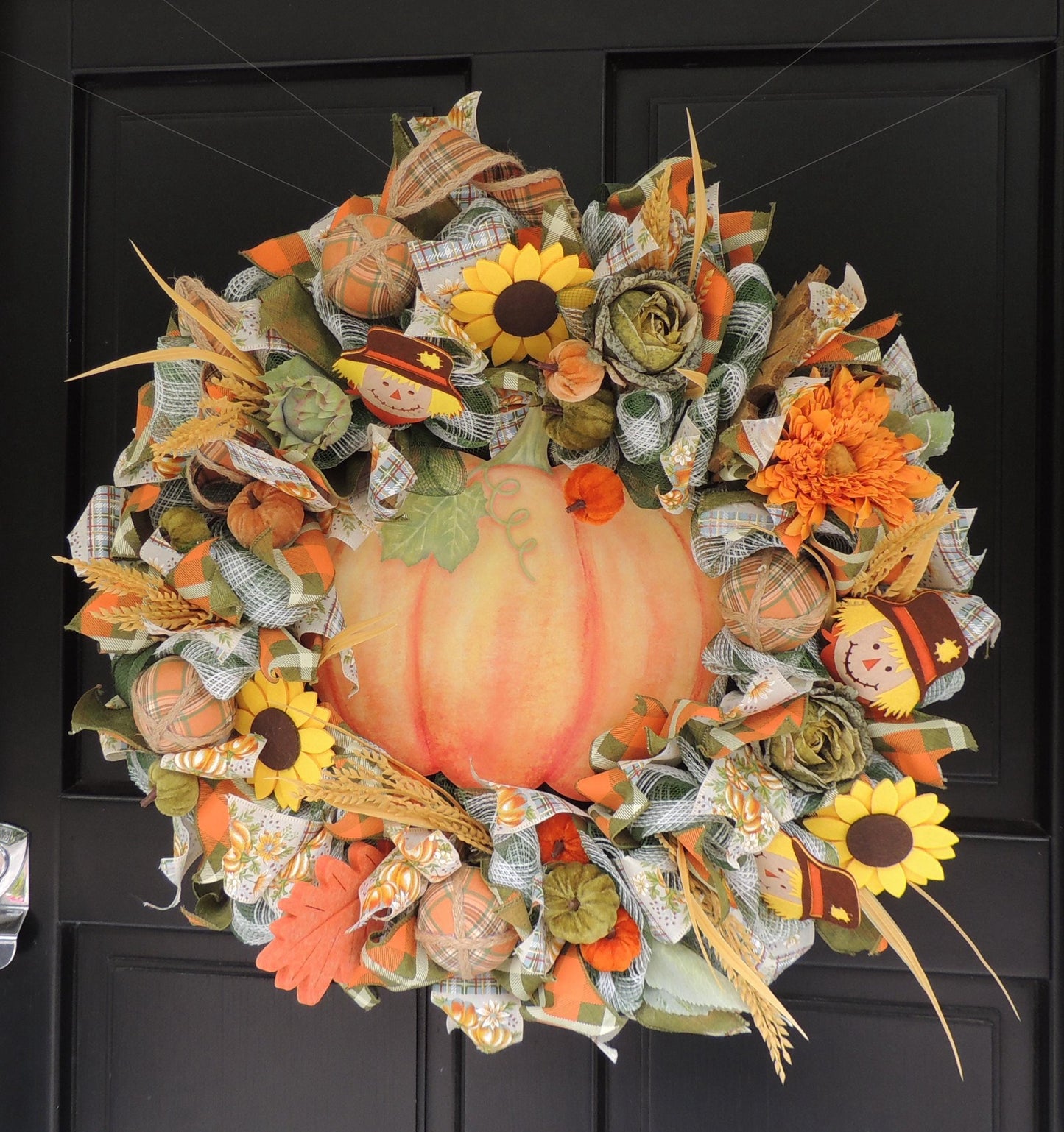 24" Large Autumn Pumpkin Wreath, Fall Harvest Front Door Wreath, Scarecrow Sunflower Thanksgiving Porch Decor, Farmhouse Autumn Decoration