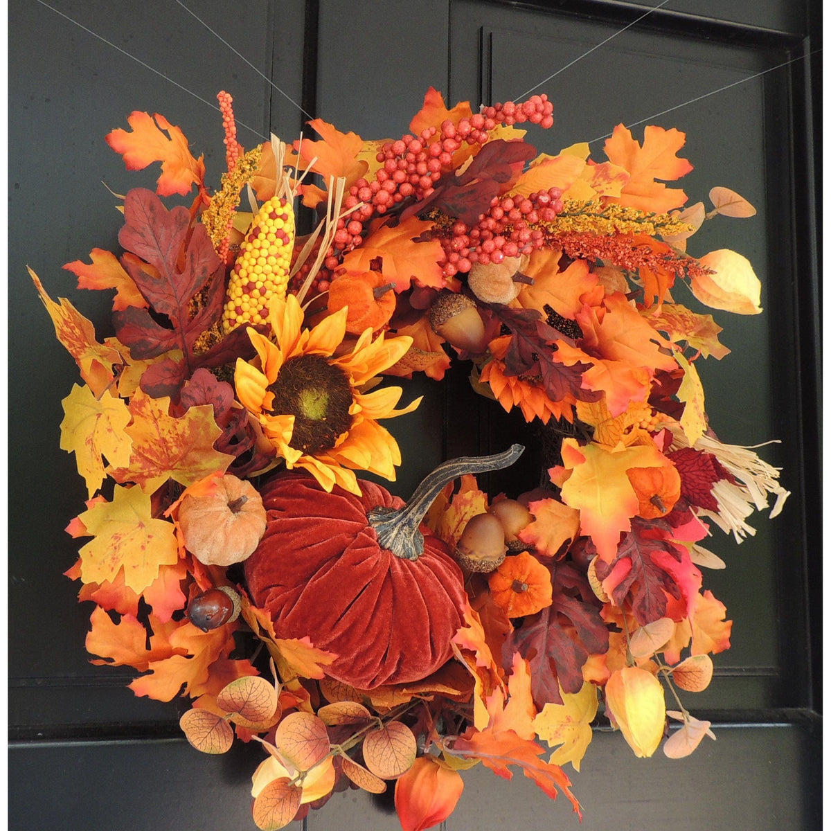 20" Large Velvet Pumpkin Wreath, Autumn Fall Front Door Wreath, Sunflower Harvest Decor, Rustic Thanksgiving Farmhouse Wreath