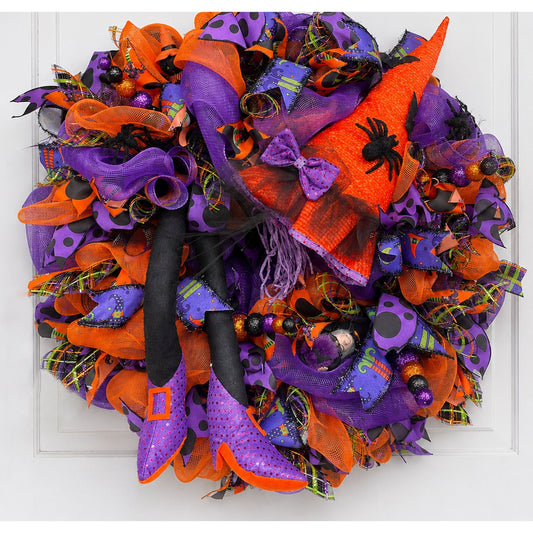 Large Witch Halloween Wreath | Purple & Orange Front Door Decor | 70cm (27.5")