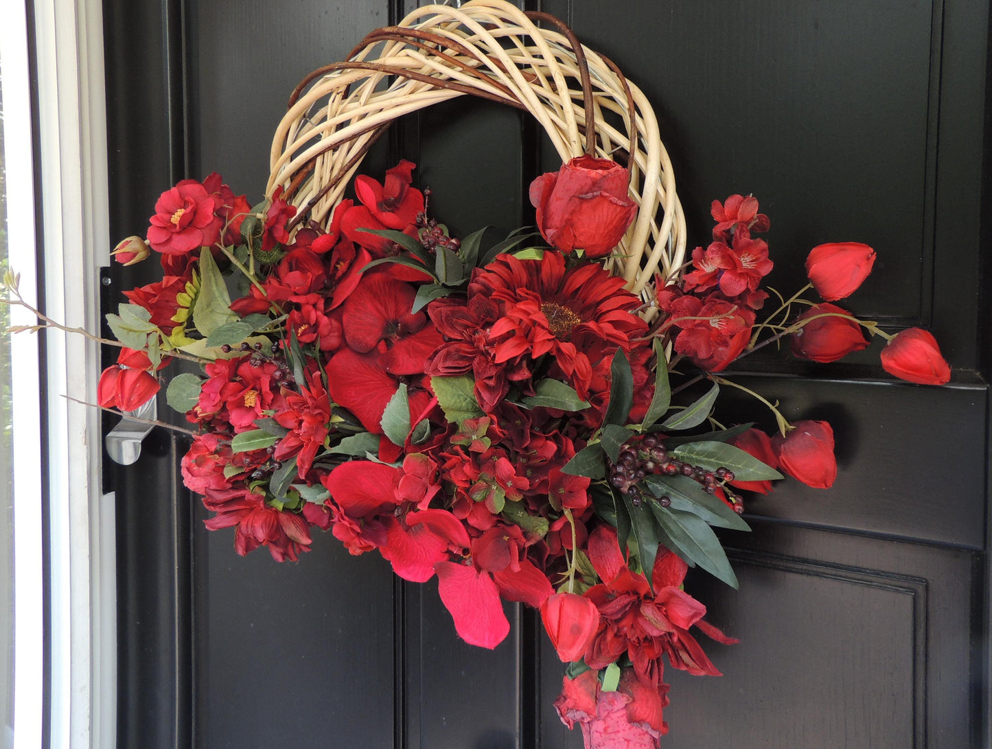 Red Floral Autumn Wreath, Front Door Wreath, Red Fall Wreath, Red Flower Wreath, Everyday Door Decor, Summer Wreath, Spring Wreath Gift