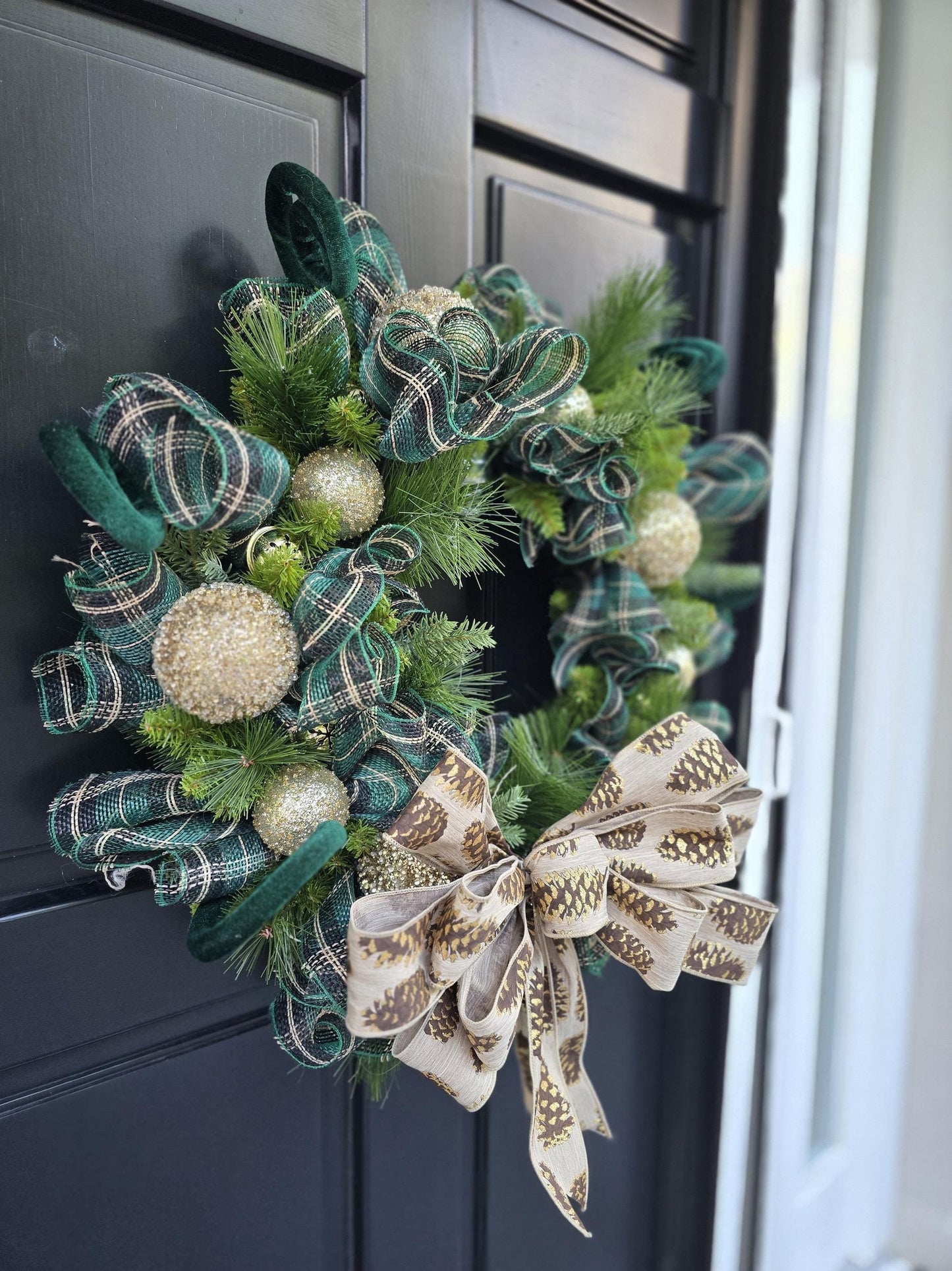 Luxury Gold & Green Christmas Wreath | Long Needle Pine Front Door Wreath | 60cm (24")