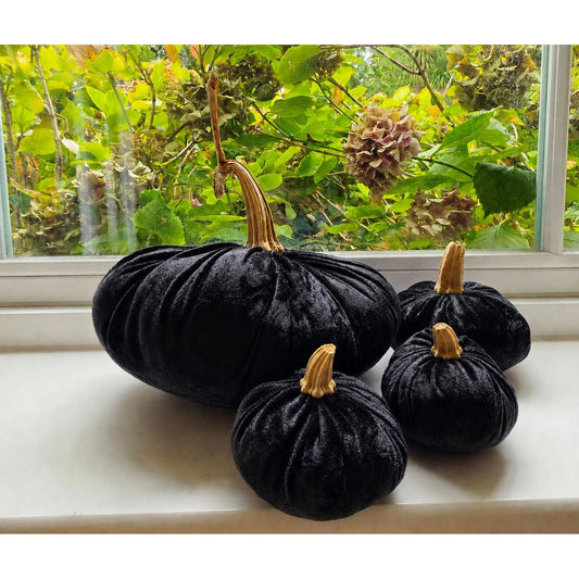 Black Velvet Pumpkin Set of 4, Halloween Decorations, Gothic Autumn Fall Mantel Decor