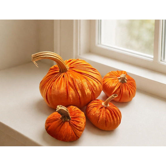 Orange Velvet Pumpkin Set of 4, Fall Autumn Table Centrepiece, Thanksgiving Harvest Decorations