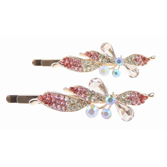 Womens Girls Sparkly Bow Jeweled Crystal Diamante Party Birthday Christmas Bridal Wedding Accessories Slides Hairpin Hair Clips Grips Bobby Pins Swirls Flower Waves Gold Tone Swirls (Pink Clear)
