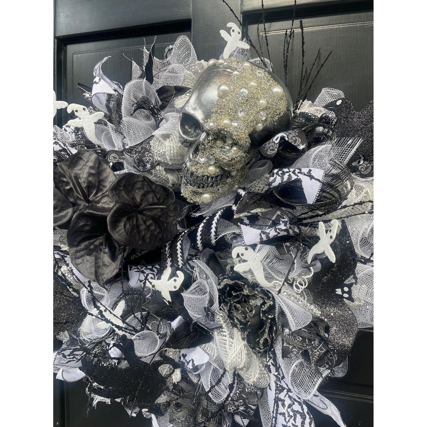 XL SKULL Halloween Front Door Wreath Gothic Hanger Wall Porch Hanger Handmade House Home Decor Decorations Whimsical Skelly Glam Luxury Fall