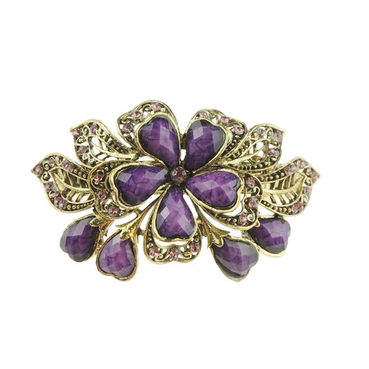 Womens Girls Diamante Crystal Stone Wedding Birthday Party Bridal Wedding Ponytail Fine Medium Hair Accessories Occasion Barrette Hairpin Grip French Spring Clip Vintage Look Gold Tone Metal Floral Rose